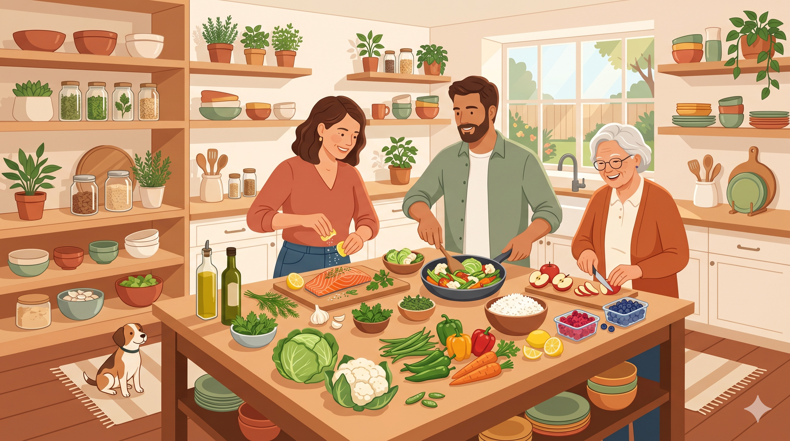 Family cooking a kidney-friendly renal diet meal together - WizeMeals Kidney Disease Plan